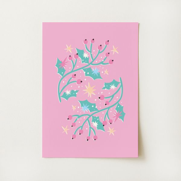 Pastel Christmas Holly Print