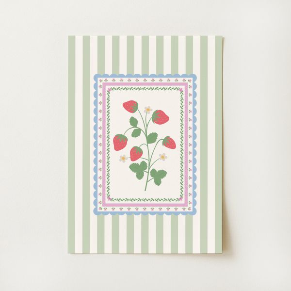 Vintage Striped Strawberry Print