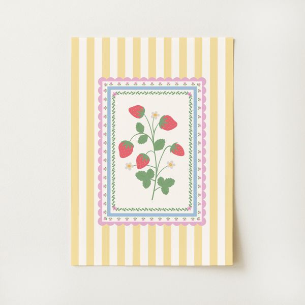 Vintage Striped Strawberry Print