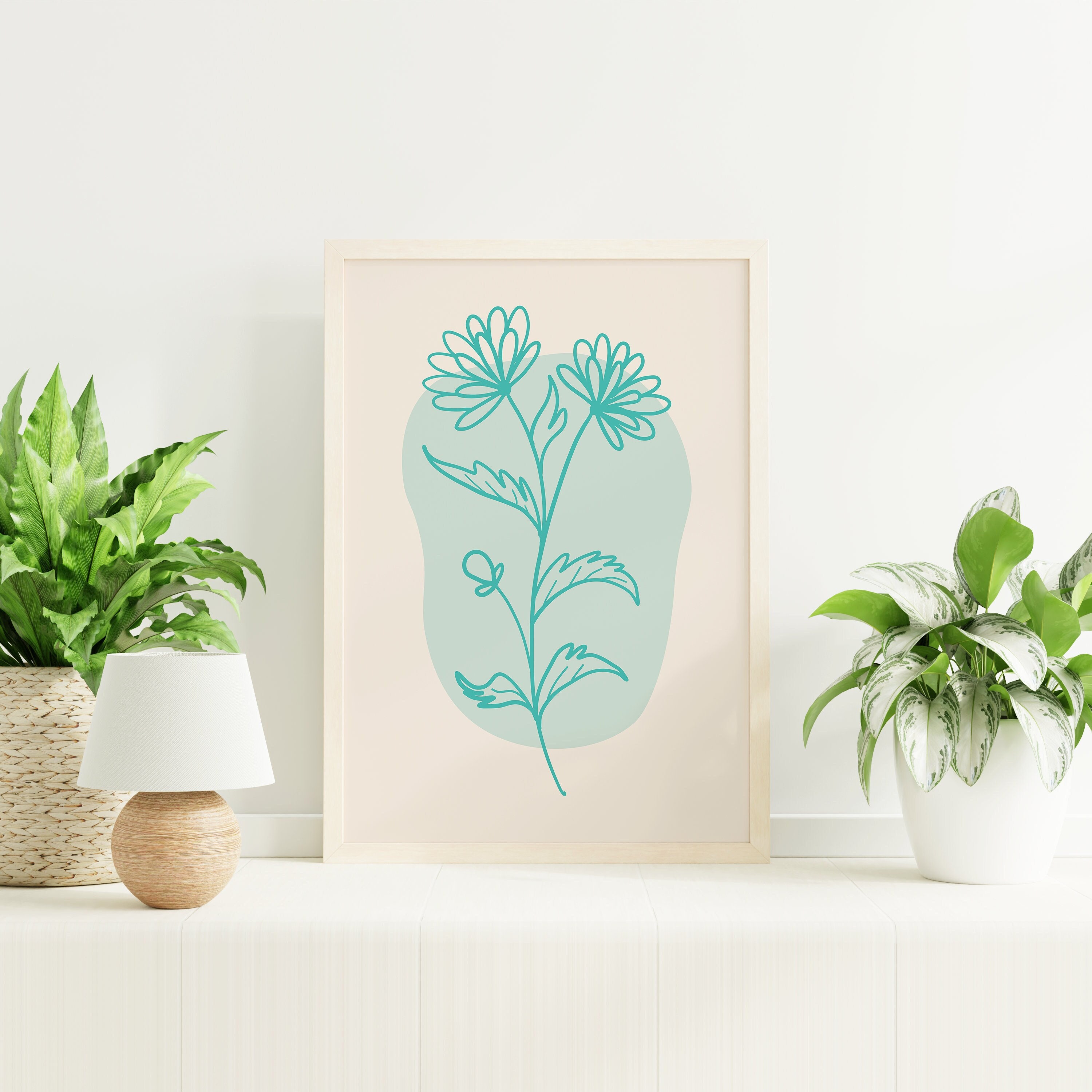 Teal Minimal Line Botanical Print