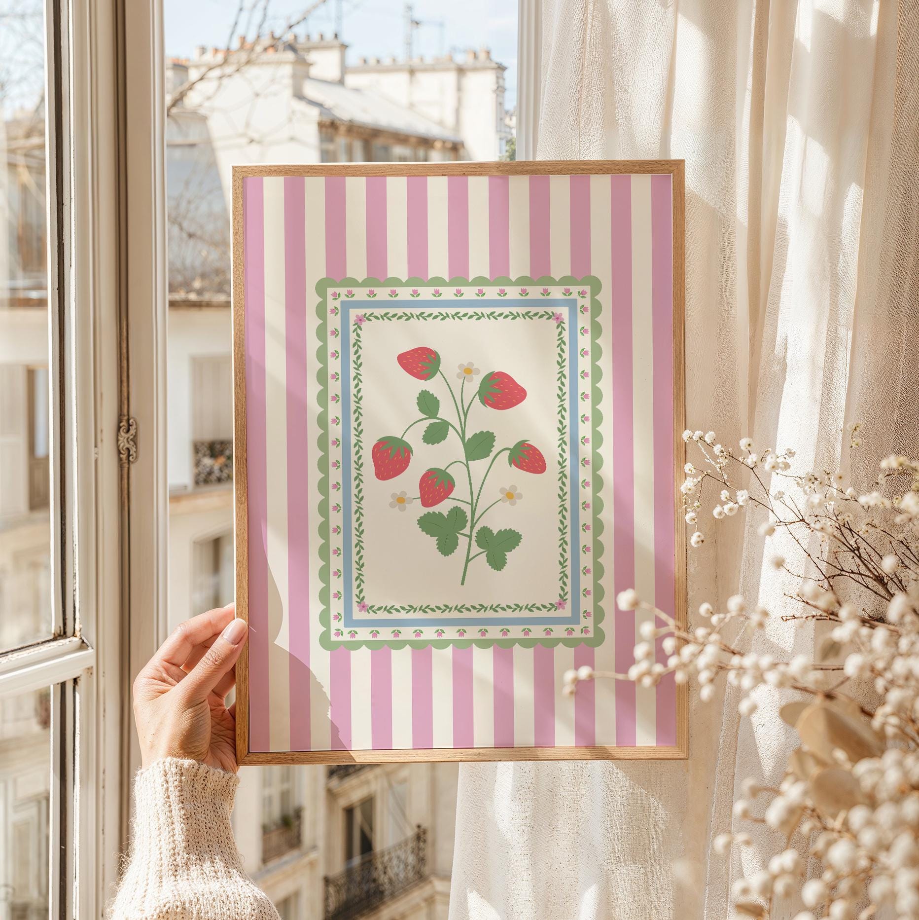 Vintage Striped Strawberry Print