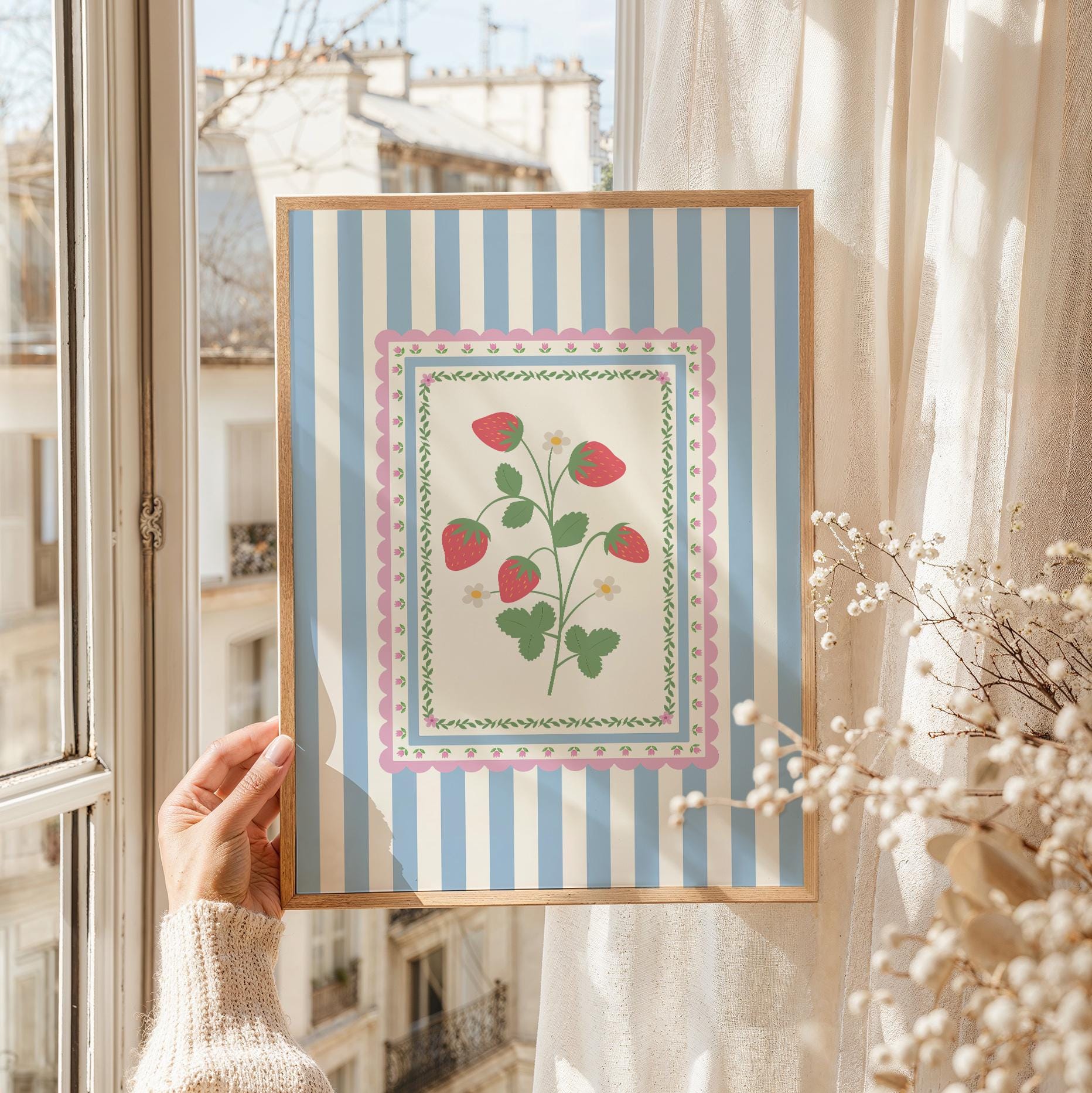 Vintage Striped Strawberry Print